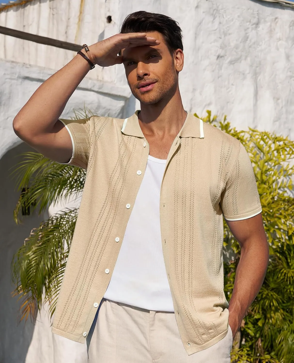 Alimens & Gentle Mens Shirts Casual Button Down Shirts Beach Vintage Knit Short Sleeve Polo Shirt for Men
