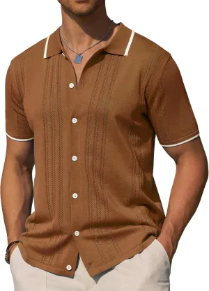 Alimens & Gentle Mens Shirts Casual Button Down Shirts Beach Vintage Knit Short Sleeve Polo Shirt for Men