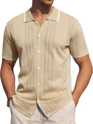 Alimens & Gentle Mens Shirts Casual Button Down Shirts Beach Vintage Knit Short Sleeve Polo Shirt for Men