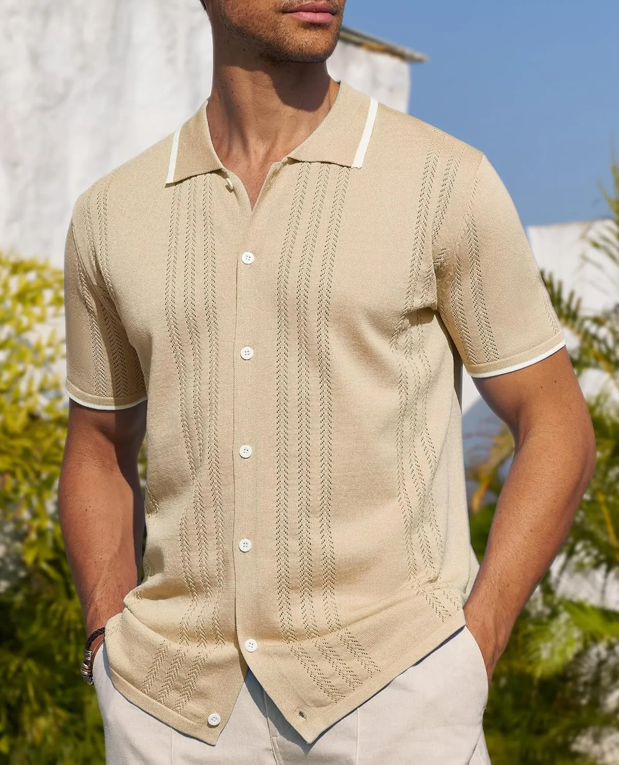 Alimens & Gentle Mens Shirts Casual Button Down Shirts Beach Vintage Knit Short Sleeve Polo Shirt for Men