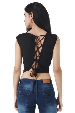 Black Solid Back String Tie Top