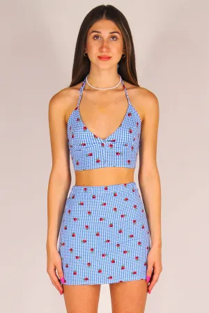 Bralette and Skirt - Stretchy Blue Checker with Roses