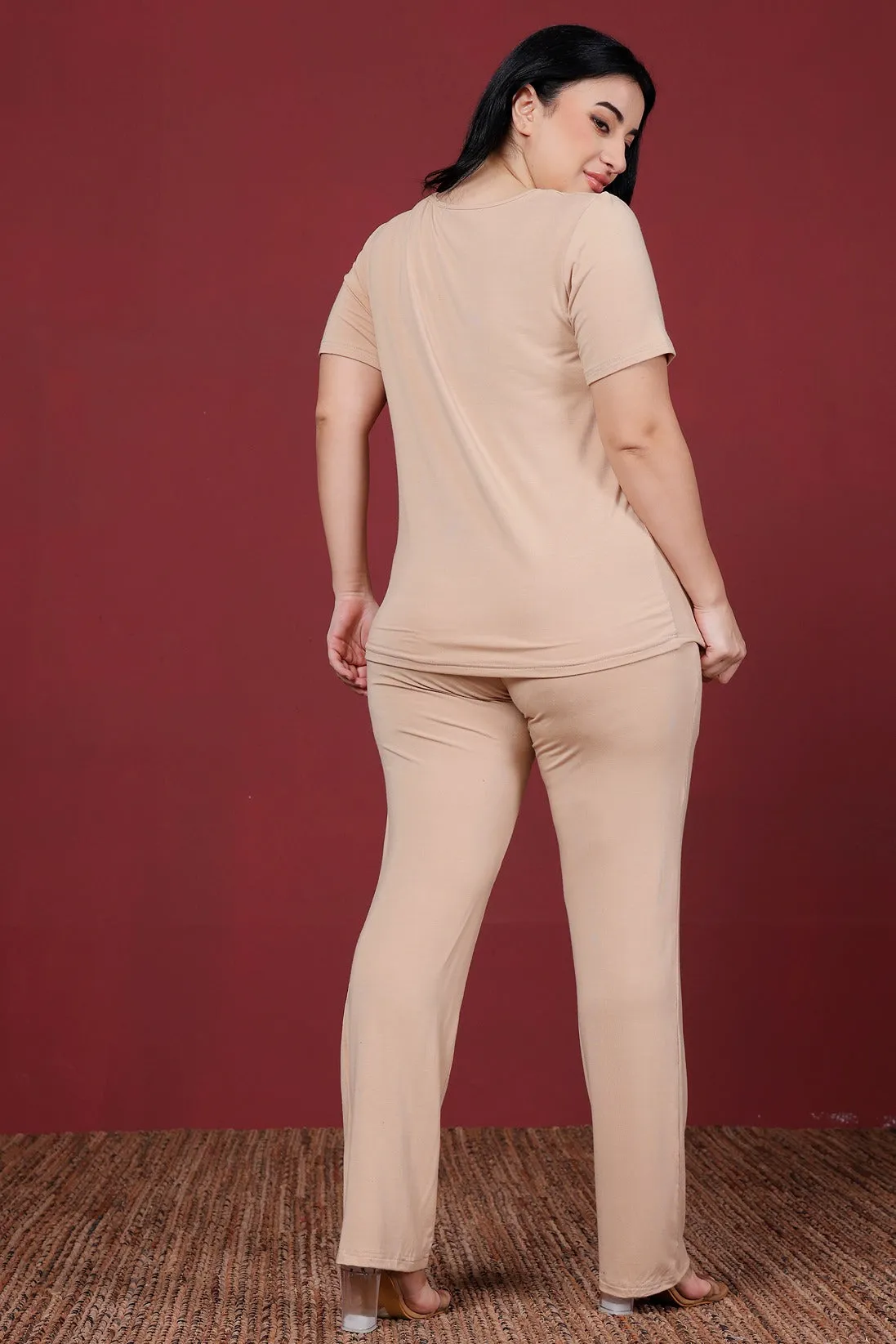 Cotton Solid Pyjama Night Suit Set-Cream