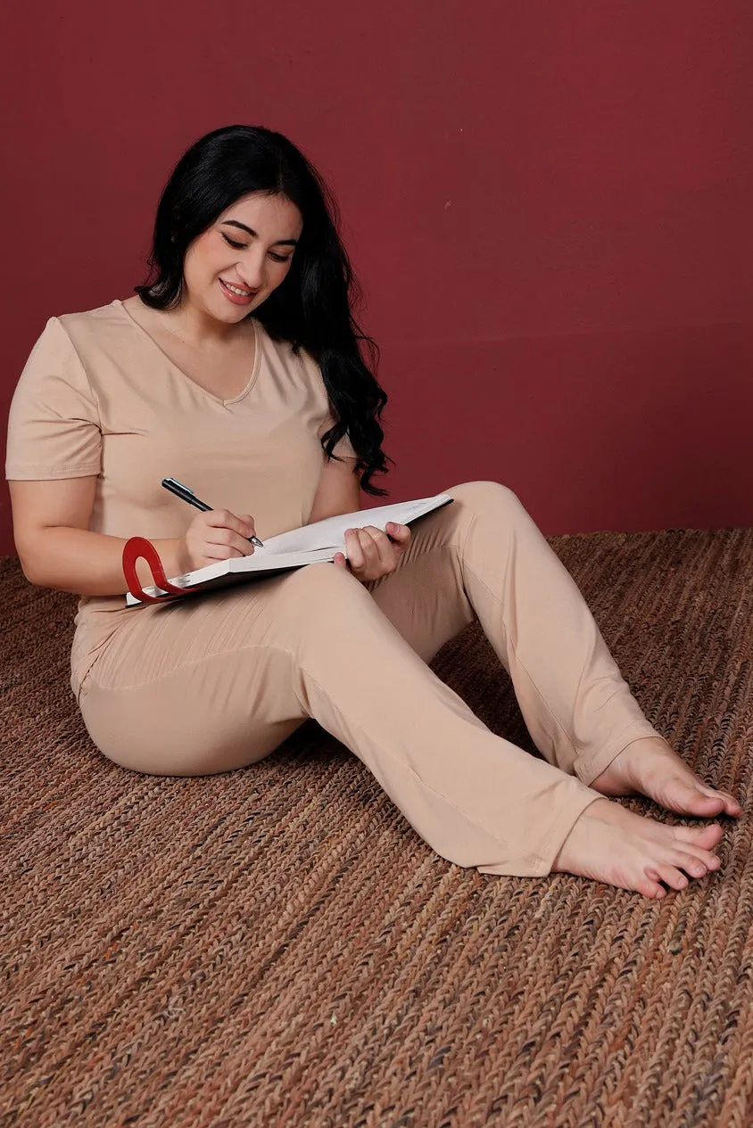 Cotton Solid Pyjama Night Suit Set-Cream
