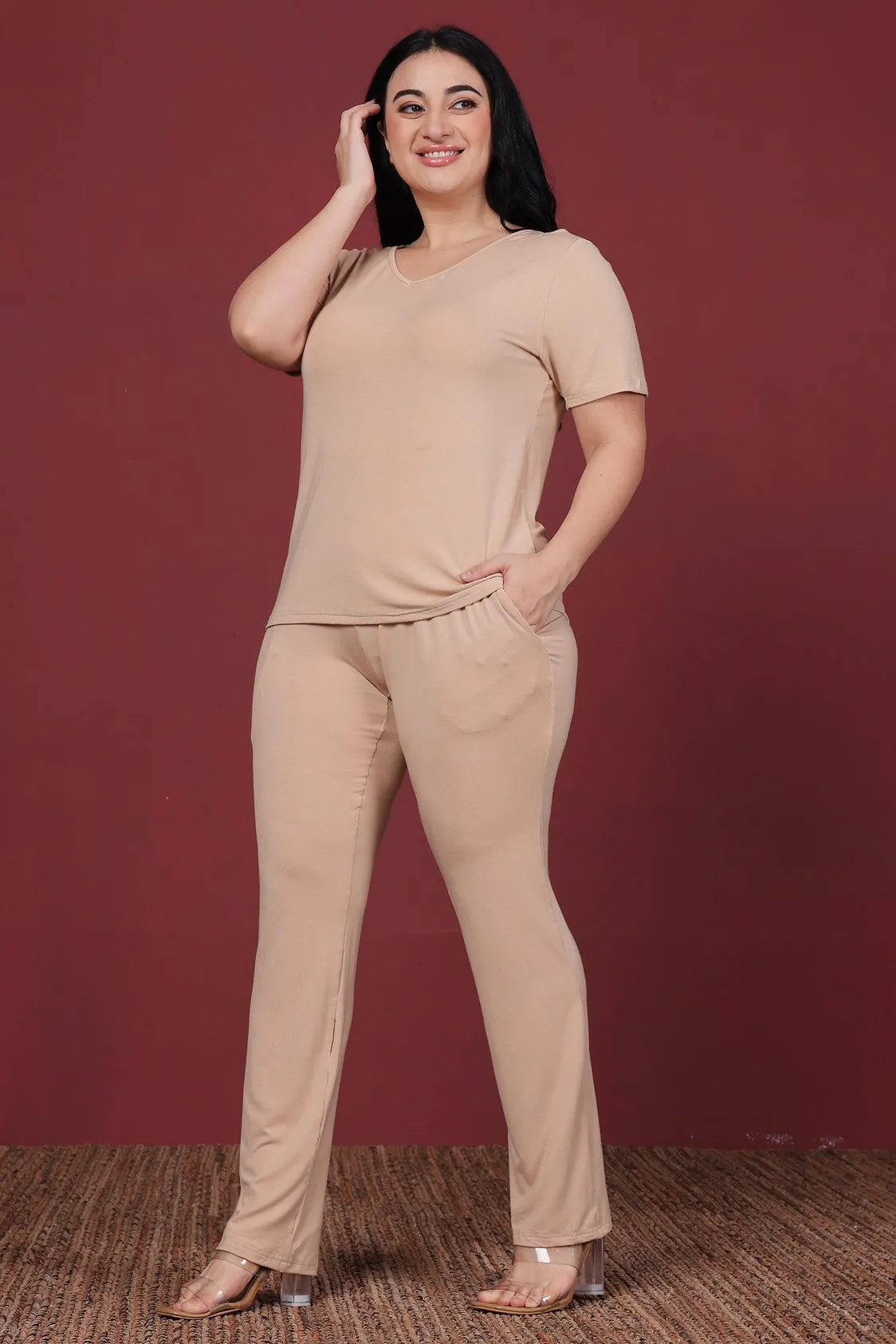 Cotton Solid Pyjama Night Suit Set-Cream