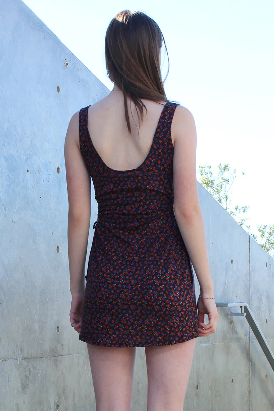 Cut Out Tank Dress - Stretchy Black with Red Floral