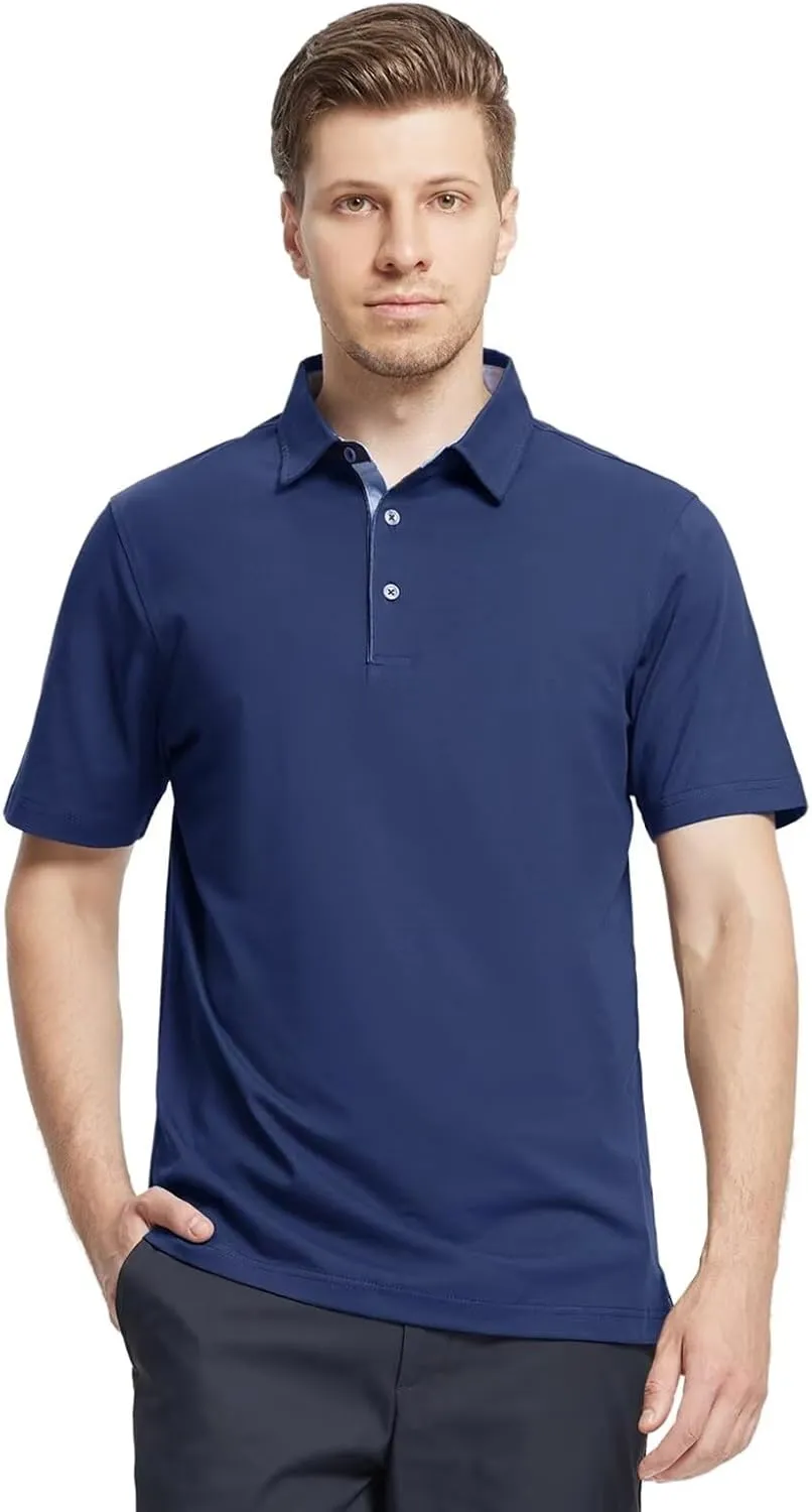 Men's Casual Polo Shirt Short Sleeve Mercerized Cotton Blend Breathable Stretch Classic Fit Business Collared Shirts