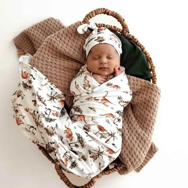 Snuggle Hunny Jersey Wrap with Matching Headwear - Dino Organic