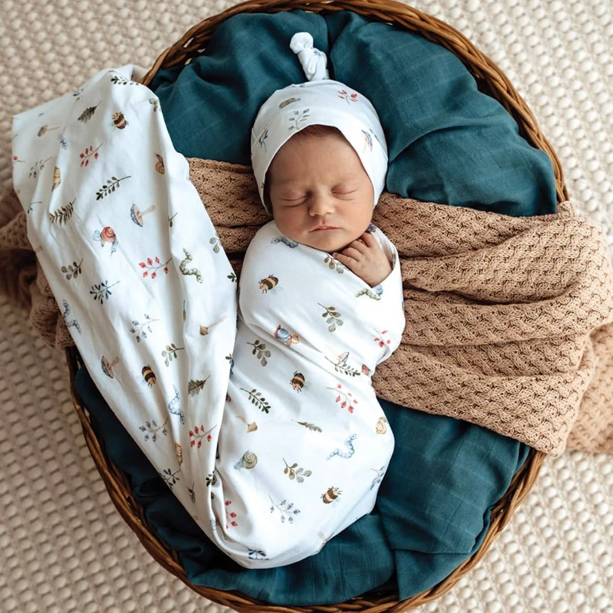 Snuggle Hunny Jersey Wrap with Matching Headwear - Garden Friends Organic