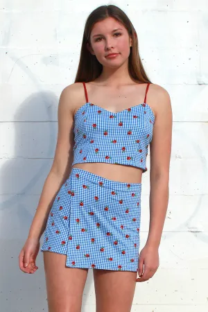 String Tank Top - Stretchy Blue Checker with Roses